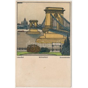 1918 Budapest, Lánchíd / Kettenbrücke. Wiener Werkstätte No. 458. s: Franz Kuhn