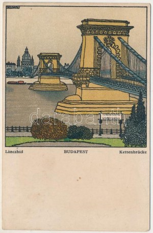 1918 Budapešť, Lánchíd / Kettenbrücke. Wiener Werkstätte č. 458. s: Franz Kuhn