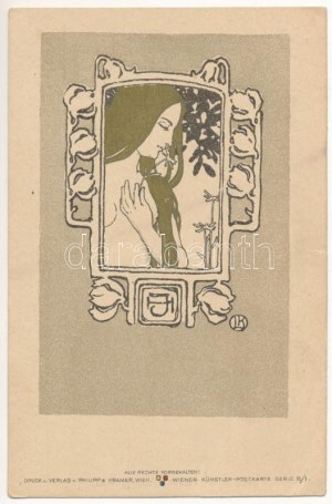 Art Nouveau Lady. Philipp & Kramer Wiener Künstler-Postkarte Serie II/1. s: Josef Hoffmann, Leopold Kainradl (EK...