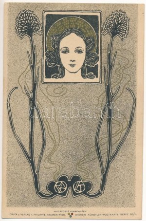 Dame Art Nouveau. Philipp & Kramer Wiener Künstler-Postkarte Serie III/1. s : Max Kurzweil...