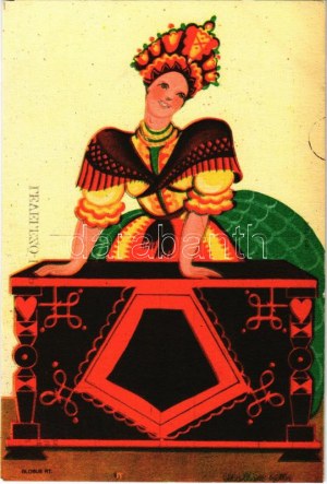 Magyar folklór művészlap. Globus R.T. / Hungarian folklore art postcard s : Mallász Gitta