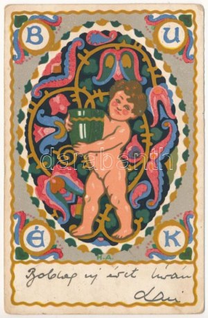 1930 BUÉK. Rigler József Ede kiadása / Hungarian New Year greeting art postcard s: A. (EK)