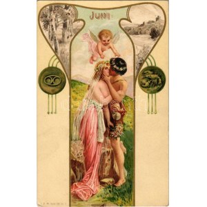 Juni / Június. Szecessziós litho nyári művészlap / Juni. Jugendstil-Litho-Sommerkunst. J.P.W. Serie 366. Nr. 6. litho ...