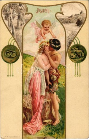 Juni / Június. Szecessziós litho nyári művészlap / June. Art Nouveau litho summer art. J.P.W. Serie 366. No. 6. litho ...