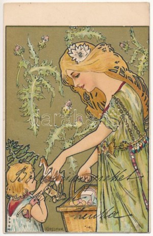 1901 Karácsony / Natale d'oro. Cartolina litografica Art Nouveau s: Kieszkow (apró lyuk / piccolo foro stenopeico...