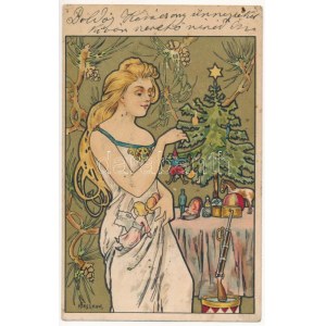 Karácsony / Natale d'oro. Cartolina litografica Art Nouveau s: Kieszkow (fl)