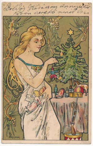 Karácsony / Zlaté Vianoce. Secesná litografická pohľadnica s: Kieszkow (fl)
