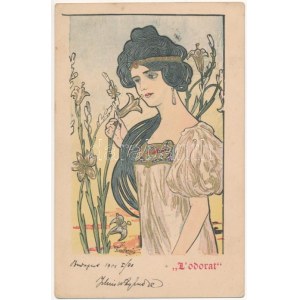 1901 L'odorat / Vůně. Secesní litografická pohlednice s: Kieszkow