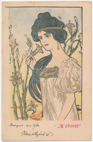 1901 L'odorat / Smell. Carte postale litho Art Nouveau s : Kieszkow