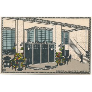 1915 Graben Kaffee Wien / interiér kavárny ve Vídni, pohlednice ve stylu Wiener Werkstätte (Rb)