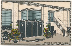 1915 Graben Kaffee Wien / interiér kavárny ve Vídni, pohlednice ve stylu Wiener Werkstätte (Rb)
