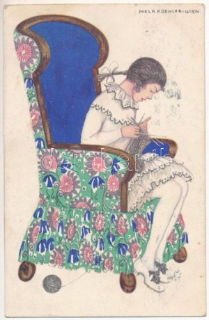 1917 Art Nouveau viennese. Donna che lavora a maglia. B.K.W.I. 364-6. s: Mela Koehler (EK)