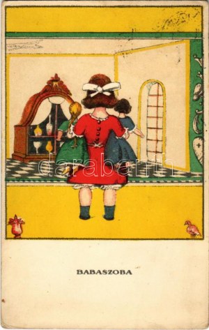 Babaszoba. Egy jó kislány viselt dolgai II. sorozat 3. szám. / Hungarian art postcard s: Kozma Lajos (Rb...