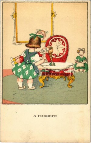Fogkefe. Egy jó kislány viselt dolgai I. sorozat 1. szám / Toothbrush. Hungarian art postcard s: Kozma Lajos (Rb...