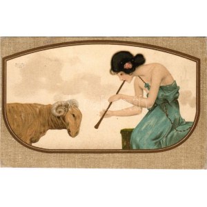 Art Nouveau lady with ram, litho s: Raphael Kirchner (r)