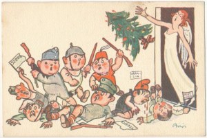 Humoros első világháborús grafikai lap. A Központi Hatalmak kisgyerekei elagyabulálják az Antanthatalmakat karácsonykor...