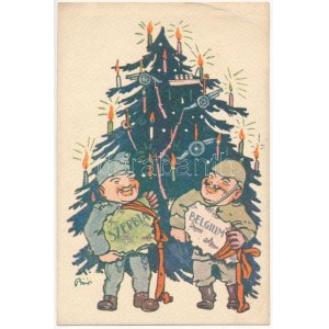 Humoros első világháborús grafikai lap. Központi Hatalmak karácsonya Szerbia és Belgio területeinek ajándékával...