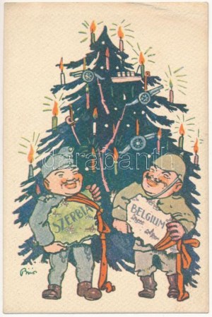 Humoros első világháborús grafikai lap. Központi Hatalmak karácsonya Szerbia és Belgium területeinek ajándékával...