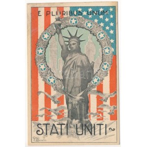 E Pluribus unum Stati Uniti / Da molti, uno negli Stati Uniti Propaganda americana della prima guerra mondiale, Statua della Libertà, bandiera...