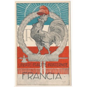 Liberté, Égalité, Fraternité / Svoboda, rovnost, bratrství Francouzská propaganda 1. světové války, erb, vlajka . U...