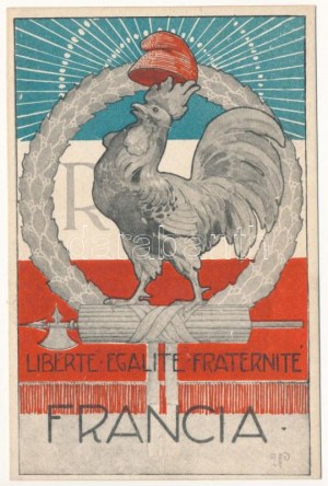 Liberté, Égalité, Fraternité / 'Liberty, equality, fraternity' WWI French propaganda, coat of arms, flag . U...
