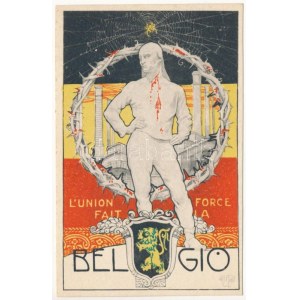 L'union fait la force Belgio / Unity makes strength. WWI Belgian propaganda, coat of arms, flag . U...