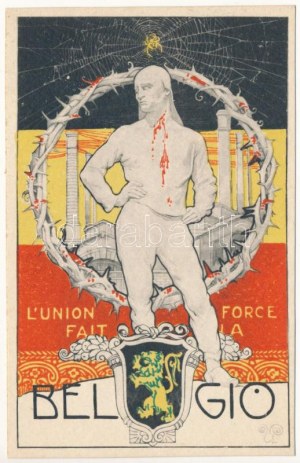 L'union fait la force Belgio / Unity makes strength. Propagande belge de la Première Guerre mondiale, armoiries, drapeau. U...