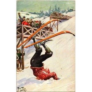 1911 Téli sport művészlap, síelő baleset, síugrás / Cartolina artistica sugli sport invernali, incidente sugli sci, salto con gli sci. Marchio Egemes...
