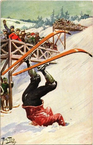 1911 Téli sport művészlap, síelő baleset, síugrás / Cartolina artistica sugli sport invernali, incidente sugli sci, salto con gli sci. Marchio 