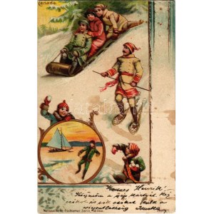 1901 Canada. Winter sport art postcard with ski, sledding people, snowball fight, ice skate, ice boating...