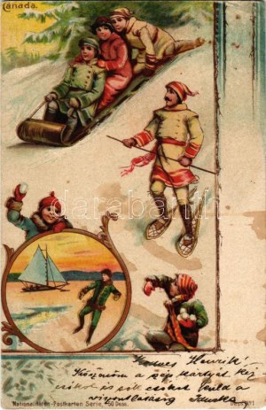 1901 Kanada. Zimní sportovní pohlednice s lyžemi, sáňkujícími lidmi, sněhovou bitvou, bruslením, jízdou na lodičkách...