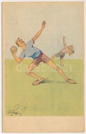 Súlylökés / Kugelstoßen, Sport-Humor. B.K.W.I. 404-5. s: Fritz Schönpflug (EK)