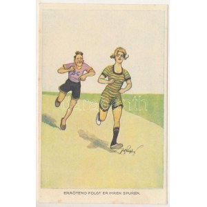 Errötend folgt er Ihren spuren / Running, sport humour. B.K.W.I. 404-3. s: Fritz Schönpflug