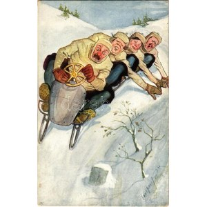 Winter sport art postcard with four-man controllable bobsled, bobsleigh, sledding down, humour. B.K.W.I. 412-4. s...