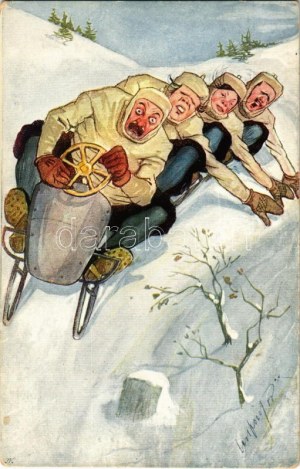 Wintersport-Kunstpostkarte mit steuerbarem Viererbob, Bobfahren, Schlittenabfahrt, Humor. B.K.W.I. 412-4. s...