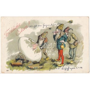 1906 Fröhliche Ostern / Cartolina postale d'auguri per la Pasqua con uovo dipinto e nani, litografia (EB)