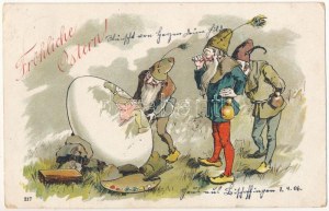 1906 Fröhliche Ostern / Wielkanocna pocztówka artystyczna z malowanym jajkiem i krasnoludkami, litografia (EB)