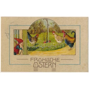 1908 Fröhliche Ostern / Carte postale de Pâques avec nain, poule et oeufs. Litho emb. (lyuk / sténopé...