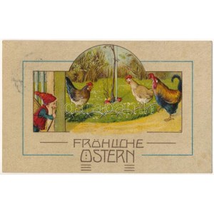 1908 Fröhliche Ostern / Cartolina artistica di auguri per la Pasqua con nano, gallina e uova. Emb. litho (lyuk / foro stenopeico...