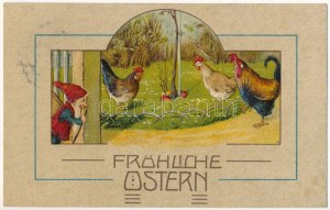 1908 Fröhliche Ostern / Carte postale de Pâques avec nain, poule et oeufs. Litho emb. (lyuk / sténopé...