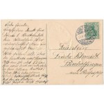 1908 Fröhliche Ostern / Wielkanocna pocztówka artystyczna z krasnoludkiem, kurczakiem i jajkami. Emb. litho (lyuk / otwór...