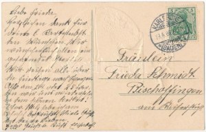 1908 Fröhliche Ostern / Velikonoční pohlednice s kraslicí, slepicí a vejci. Emb. litografie (lýko)...