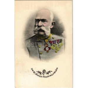 1908 Zum 60 Jährigen Regierungsjubiläum / Ferenc József uralkodásának 60. évfordulója. Jubileumi képeslap apró fém ...