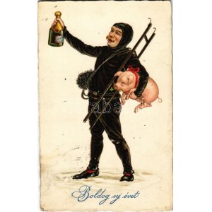 1929 Boldog Újévet / Cartolina artistica di auguri per il nuovo anno, spazzacamino con champagne e maiale. Amag n. 2434. (fl...