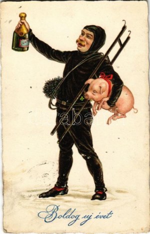 1929 Boldog Újévet / Carte postale de vœux du Nouvel An, ramoneur avec champagne et cochon. Amag Nr. 2434. (fl...