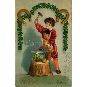 1909 Viel Glück im neuen Jahre / New Year greeting art postcard with horseshoes and clovers. Emb. litho (EK...