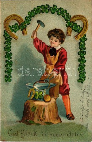 1909 Viel Glück im neuen Jahre / New Year greeting art postcard with horseshoes and clovers. Emb. litho (EK...