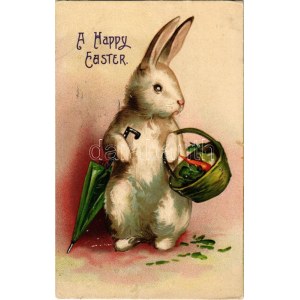 1909 A Happy Easter Easter greeting art postcard, rabbit with umbrella. Emb. litho (EK)