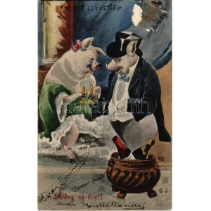 1906 Boldog Újévet! / New Year greeting art postcard with celebrating pigs s: C. J. (EB)