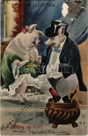 1906 Boldog Újévet! / Cartolina d'arte di auguri per il nuovo anno con maiali in festa s: C. J. (EB)